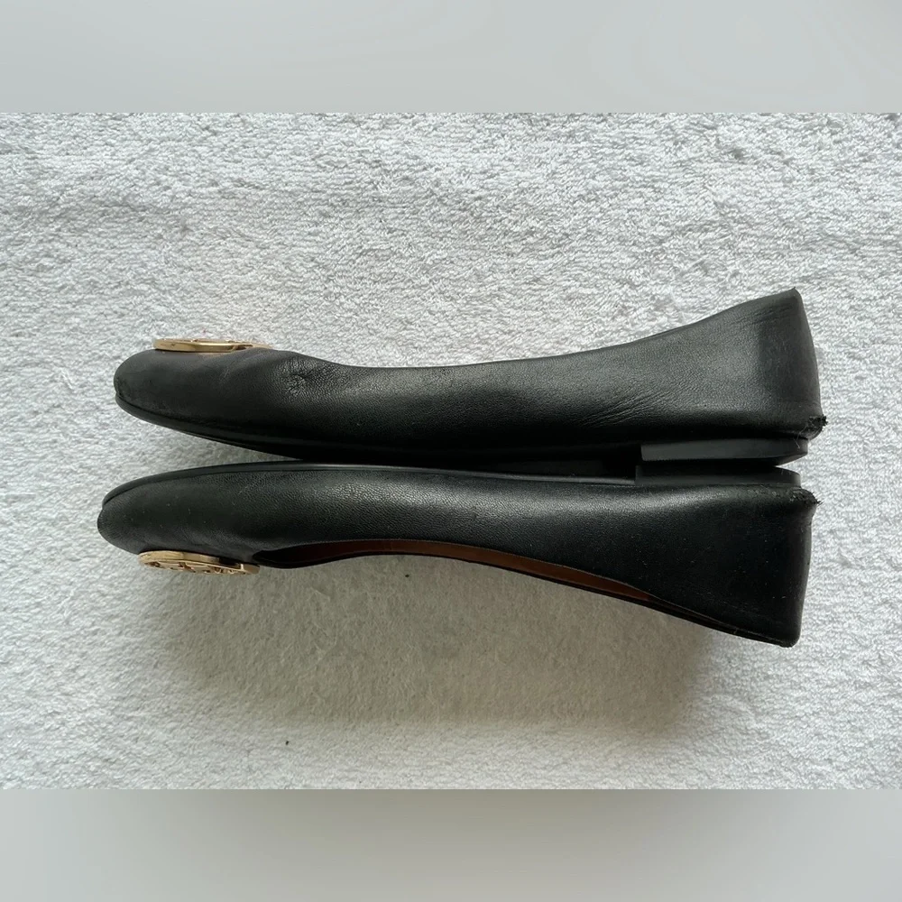 Tory Burch Black Leather Flats with Gold Emblem